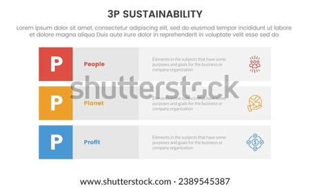3p sustainability triple bottom line infographic 3 point stage template with 3 block row rectangle content for slide presentation
