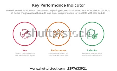 kpi key performance indicator infographic 3 point stage template with big circle outline horizontal for slide presentation