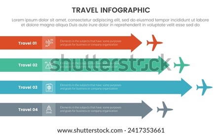 travel holiday infographic with 4 point stage template with airplane flow on rectangle arrow right direction for slide presentation