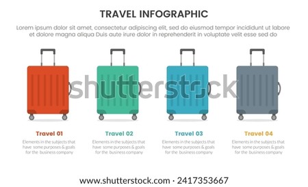 travel holiday infographic with 4 point stage template with travel bags suitcase horizontal right direction for slide presentation