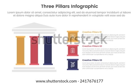 three pillars framework with ancient classic construction infographic 3 point stage template with left column and creative box description for slide presentation