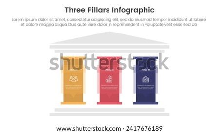 three pillars framework with ancient classic construction infographic 3 point stage template with big pillar with text description for slide presentation