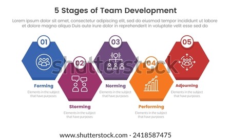 5 stages team development model framework infographic 5 point stage template with diamond hexagon honeycomb up and down right direction for slide presentation