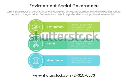esg environmental social and governance infographic 3 point stage template with long rectangle box with circle badge for slide presentation