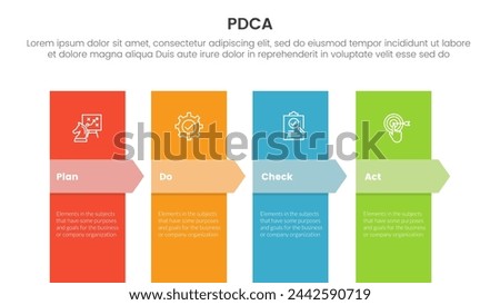 pdca management business continual improvement infographic 4 point stage template with vertical box and arrow badge header for slide presentation