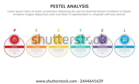 pestel business analysis tool framework infographic with outline circle and badge header 6 point stages concept for slide presentation