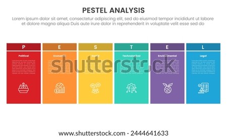 pestel business analysis tool framework infographic with big table box unite dark header 6 point stages concept for slide presentation