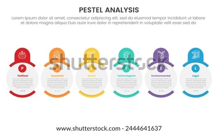 pestel business analysis tool framework infographic with creative circle and round header on horizontal direction 6 point stages concept for slide presentation