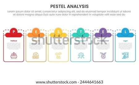 pestel business analysis tool framework infographic with big outline table and small circle header top 6 point stages concept for slide presentation