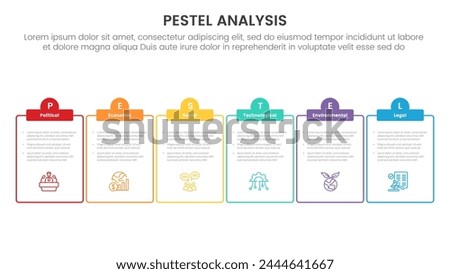 pestel business analysis tool framework infographic with outline table and half circle header 6 point stages concept for slide presentation