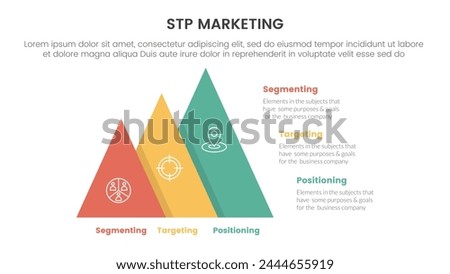 stp marketing strategy model for segmentation customer infographic with pyramid shape increase size right direction 3 points for slide presentation