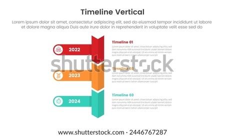 vertical timeline milestone infographic template banner with round rectangle and sharp arrow bottom direction with 3 point list information for slide presentation vector