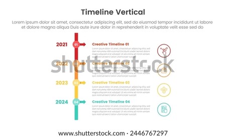 vertical timeline milestone infographic template banner with small circle line connection and arrow with 4 point list information for slide presentation vector