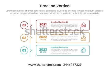 vertical timeline milestone infographic template banner with outline box and circle with arrow thin line with 3 point list information for slide presentation vector