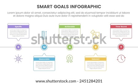 SMART goals setting framework infographic with outline box timeline horizontal up and down with 5 step points for slide presentation vector