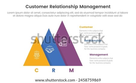 CRM customer relationship management infographic 3 point stage template with pyramid shape increase size right direction for slide presentation vector