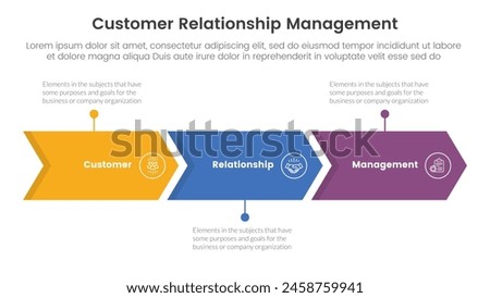 CRM customer relationship management infographic 3 point stage template with arrow right direction horizontal line for slide presentation vector