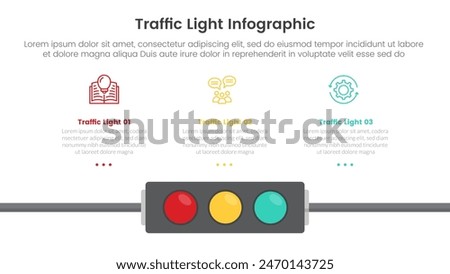 traffic light infographic template banner with horizontal lights on bottom with 3 point list information for slide presentation vector