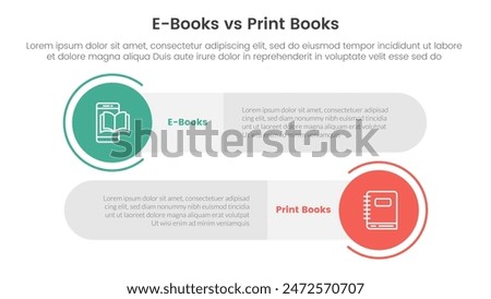 ebook vs physical book comparison concept for infographic template banner with big circle and long rectangle round shape with two point list information vector