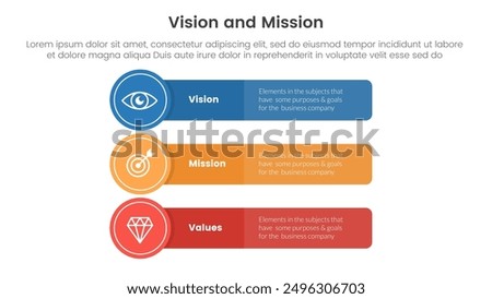 business vision mission and values analysis tool framework infographic with long rectangle box with circle badge 3 point stages for slide presentation vector