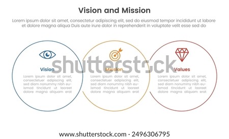 business vision mission and values analysis tool framework infographic with big circle outline union 3 point stages for slide presentation vector