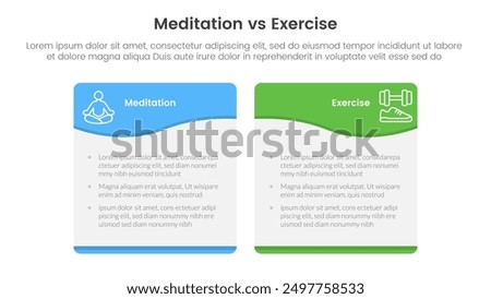 meditation vs physical exercise comparison or versus concept for infographic template banner with wave swirl curve table box with two point list information vector