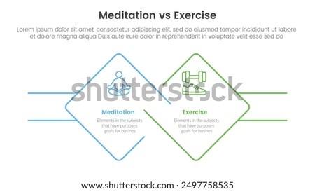 meditation vs physical exercise comparison or versus concept for infographic template banner with diamond outline shape and rectangle with two point list information vector