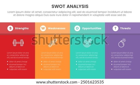 swot analysis concept infographic template banner with fullpage table box with header with 4 point list information vector