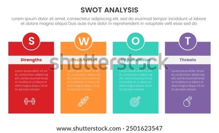 swot analysis concept infographic template banner with box table with header badge and circle with 4 point list information vector