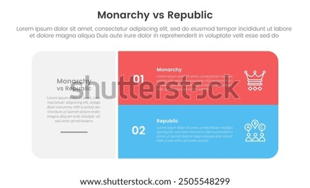 Constitutional monarchy vs republic comparison or versus concept for infographic template banner with big round box and stack list with two point list information vector