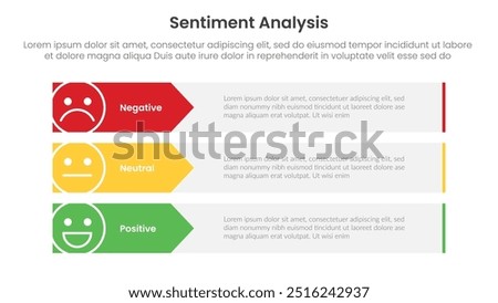 sentiment analysis framework infographic template with long rectangle container with arrow shape with 3 point list information for slide presentation vector