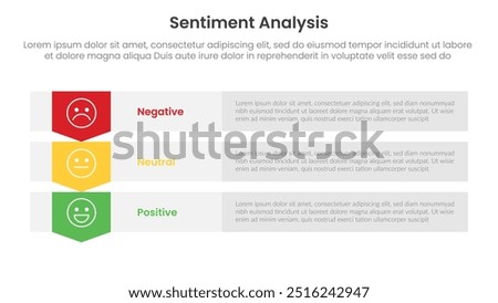 sentiment analysis framework infographic template with rectangle box container stack with arrow bottom direction with 3 point list information for slide presentation vector