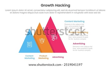 growth hacking infographic 3 point with pyramid shape increase size right direction for slide presentation vector