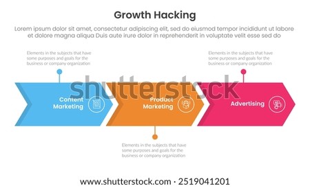 growth hacking infographic 3 point with arrow right direction horizontal line for slide presentation vector