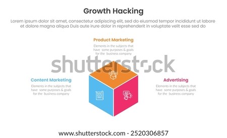 growth hacking infographic 3 point with 3d box shape center for slide presentation vector