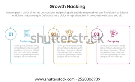 growth hacking infographic 3 point with box outline table arrow right direction for slide presentation vector