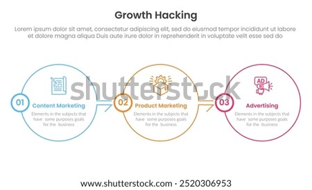 growth hacking infographic 3 point with big circle outline right direction on horizontal balance for slide presentation vector