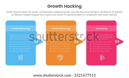 growth hacking infographic 3 point with round box container with arrow right side direction for slide presentation vector