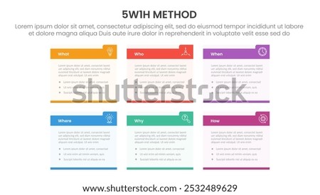 5W1H analysis infographic with small rectangle box table with strong header with 6 step points for slide presentation vector