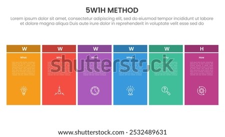 5W1H analysis infographic with big table box unite dark header with 6 step points for slide presentation vector