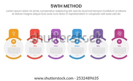 5W1H analysis infographic with creative circle and round header on horizontal direction with 6 step points for slide presentation vector