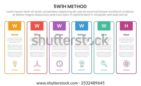 5W1H analysis infographic with outline tall box creative header badge with 6 step points for slide presentation vector