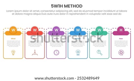 5W1H analysis infographic with big outline table and small circle header top with 6 step points for slide presentation vector