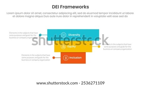 DEI organizational frameworks infographic 3 point with rectangle block pyramid backwards structure for slide presentation vector