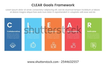 CLEAR goals framework infographic template banner with height rectangle shape balance with 5 point list information for slide presentation vector