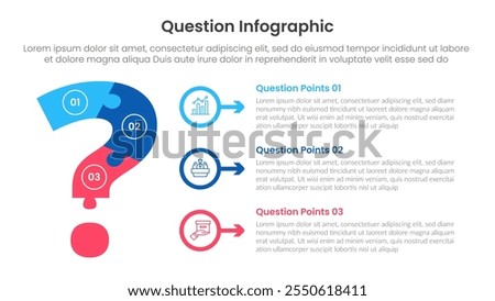 question infographic template banner with big question puzzle structure with outline circle arrow stack with 3 points for slide presentation vector