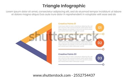 triangle base shape infographic template banner with sharp triangle and circle point list with underline bottom with 3 point for slide presentation vector