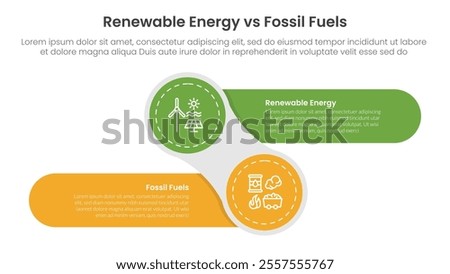 Renewable energy vs fossil fuels comparison concept for infographic template banner with creative circle and round rectangle shape left and right with two point list information vector