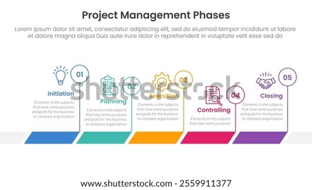 5 phase project management infographic template banner with timeline horizontal outline circle with 5 point list information for slide presentation vector