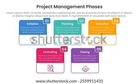 5 phase project management infographic template banner with big box table outline header badge with 5 point list information for slide presentation vector